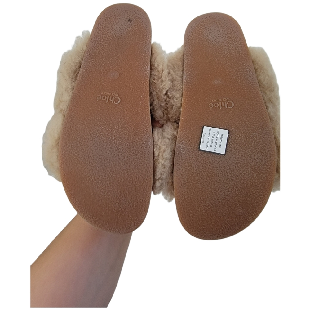 New Chloe Sherling Slides Sherpa Faux Fur Sandals Size 36 US 6 Beige - Picture 8 of 10